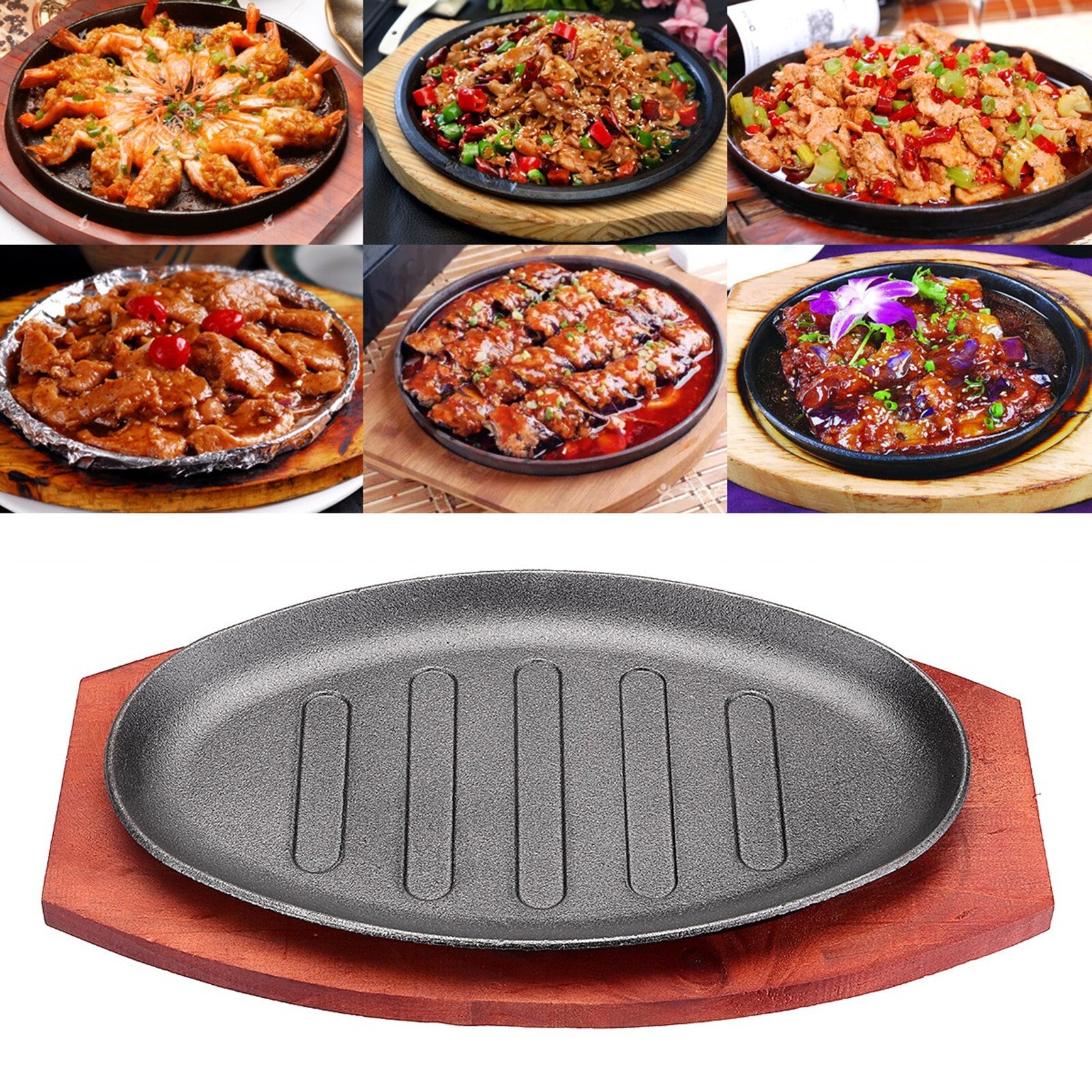 10 Inch Cast Iron Steak Sizzler Sizzling Serving Platter Plate Dish Wooden Base