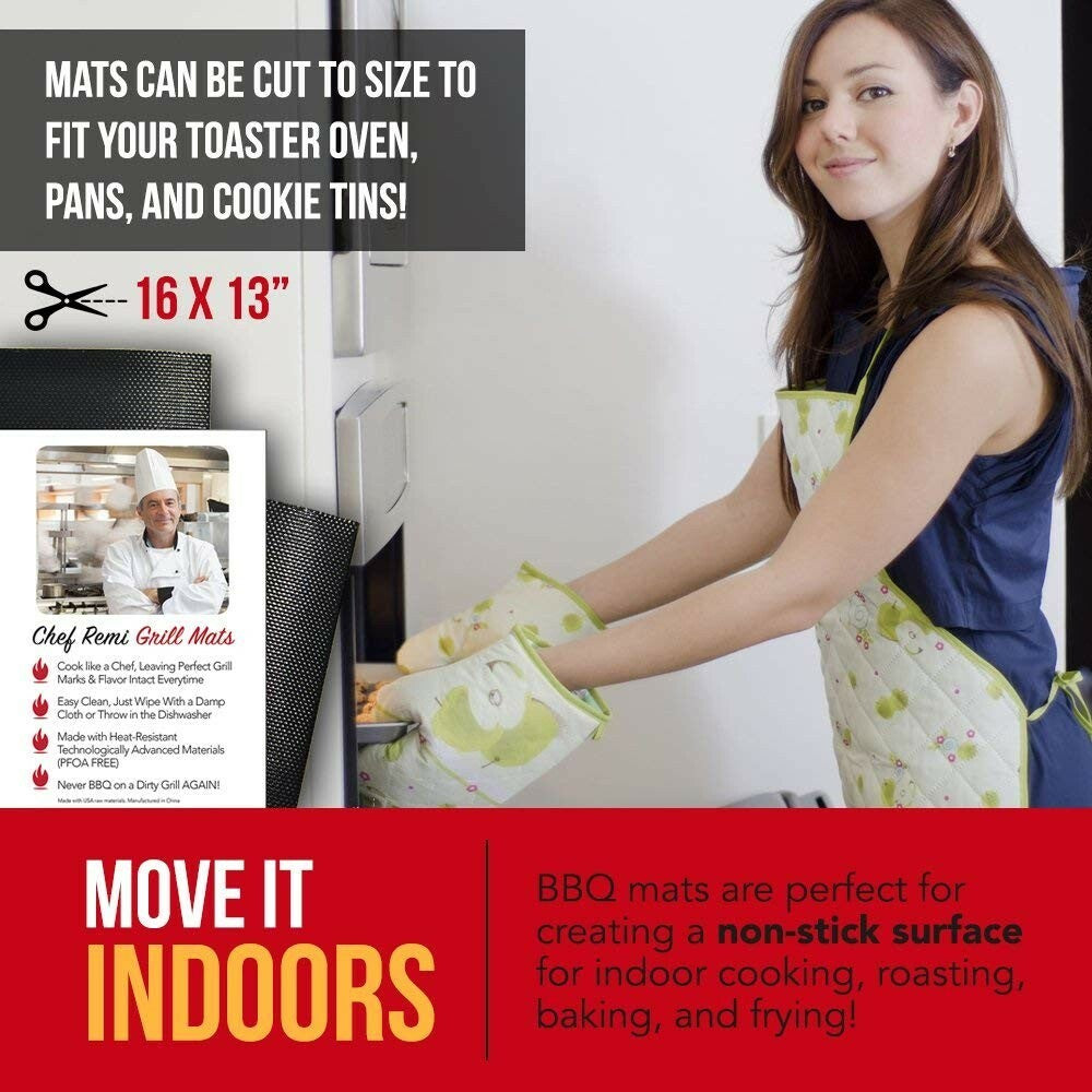 Chef Remi BBQ Grill Mats - Non-Stick Reusable Mats for Gas, Charcoal & Ovens