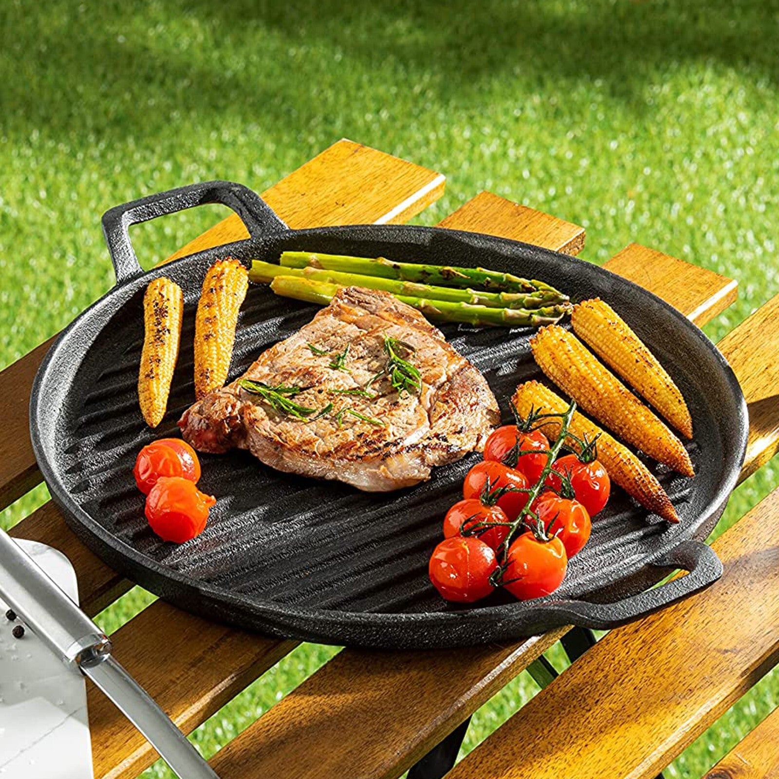 Cast Iron Pre Seasoned Reversible Oven Safe Rectangular round Griddle 2 Handles