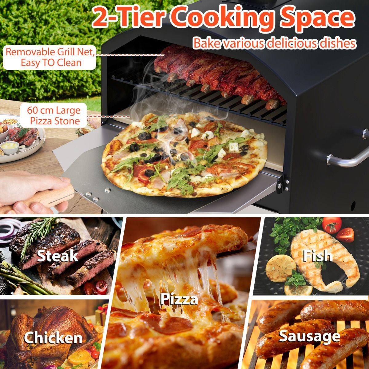Outdoor 60Cm Wood Fired Pizza Oven with Cooking Grills and Cover