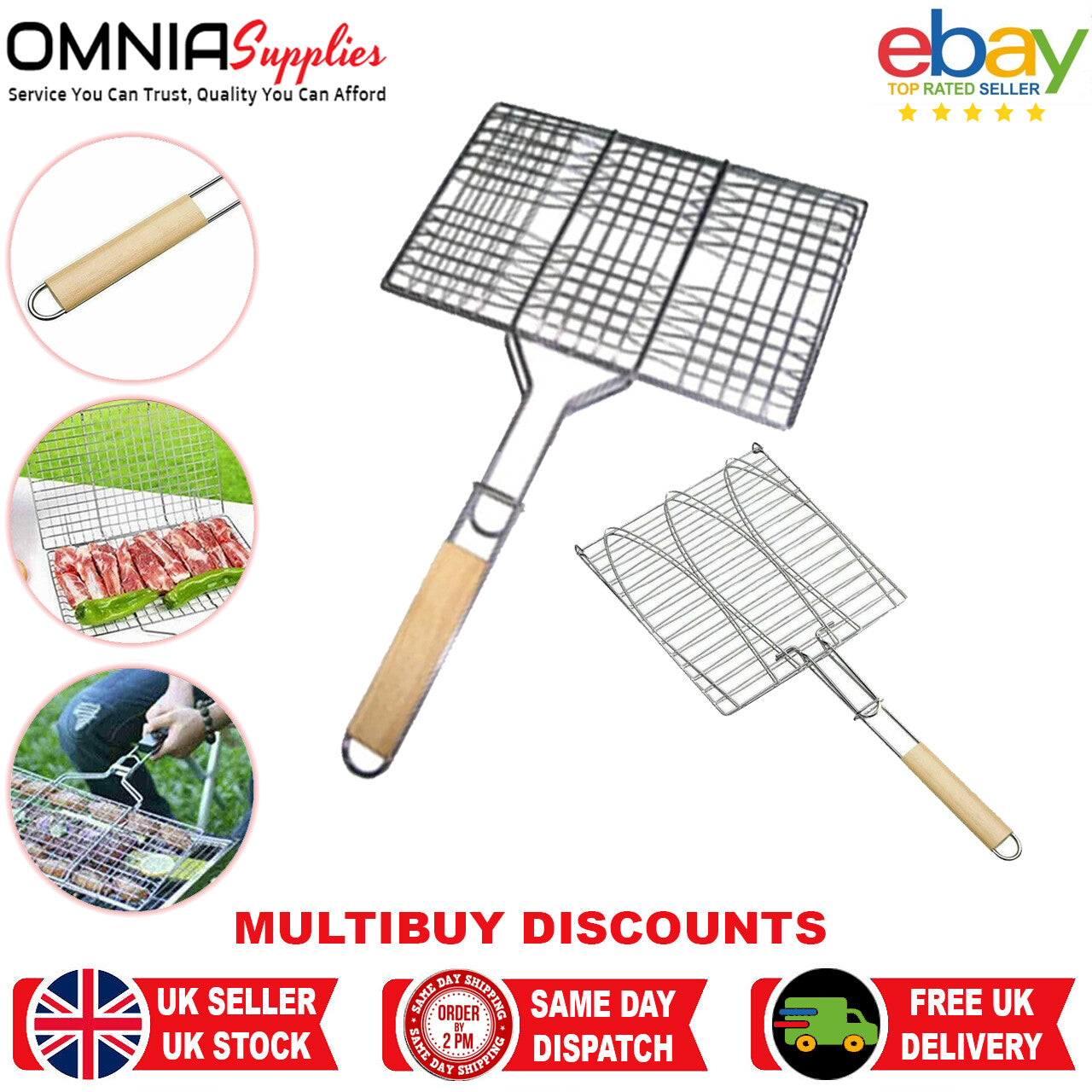 BBQ Long Handle Grill Basket Barbecue Rack Meat Burger Fish Stand Mesh Food UK