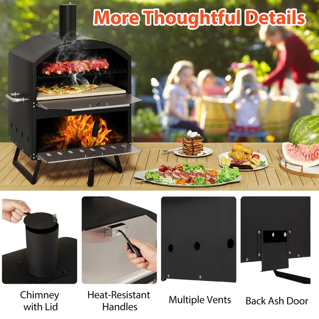 Outdoor 60Cm Wood Fired Pizza Oven with Cooking Grills and Cover