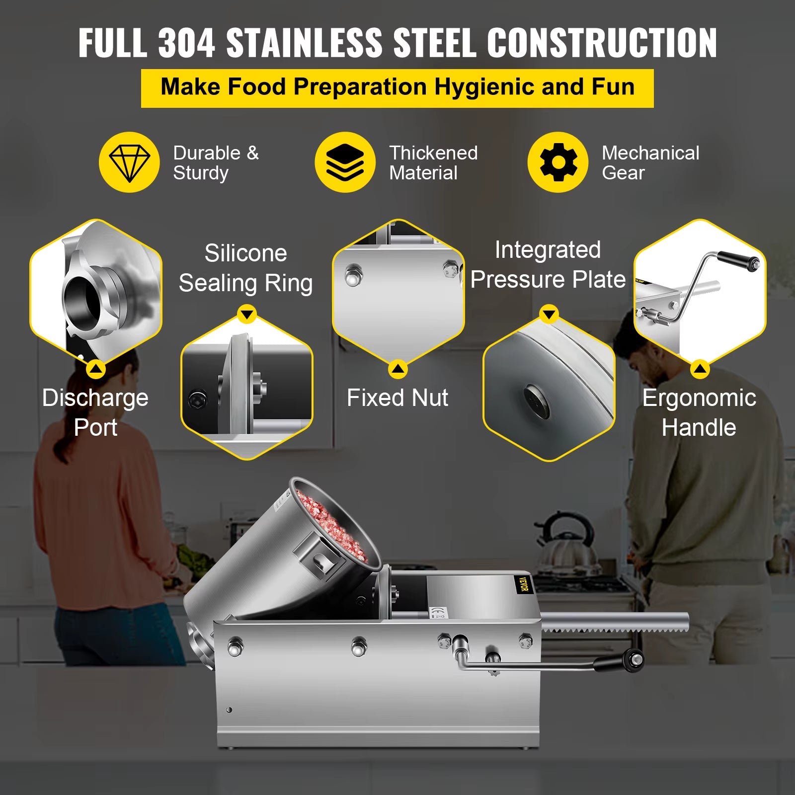 Succebuy 3L Horizontal Sausage Stuffer Manual Sausage Maker Stainless Steel with 5 Filling Nozzles for Home & Commercial Use