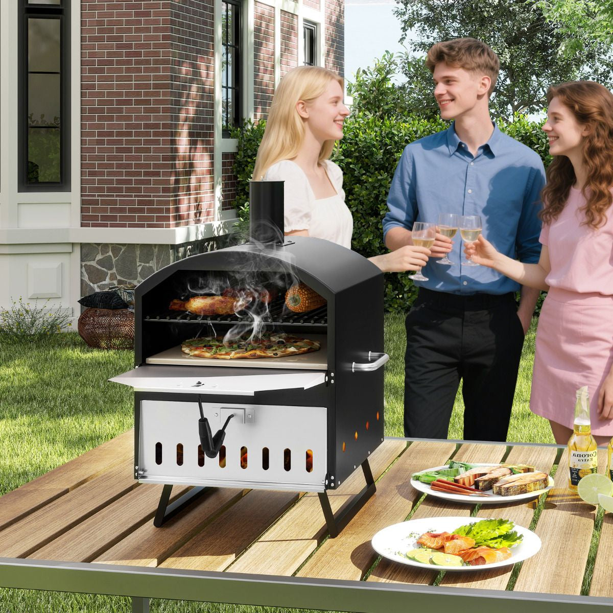 Outdoor 60Cm Wood Fired Pizza Oven with Cooking Grills and Cover