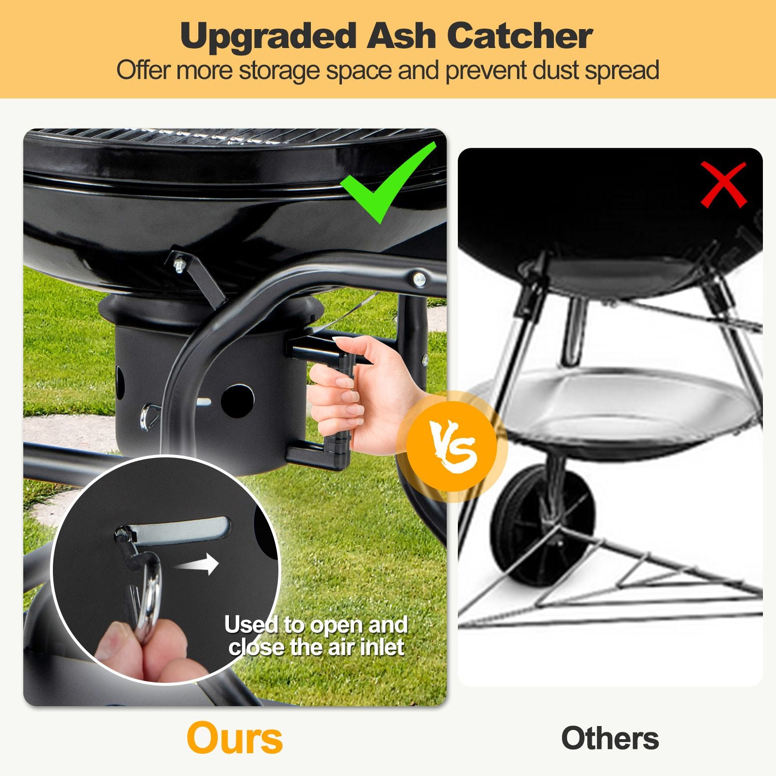 Outdoor Barbecue Charcoal Grill with High-Capacity Ash Catcher