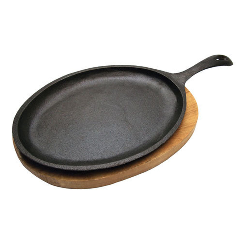 Cast Iron Sizzle Platter Steak Sizzler Serving Plate Sizzling Dish Wooden Base