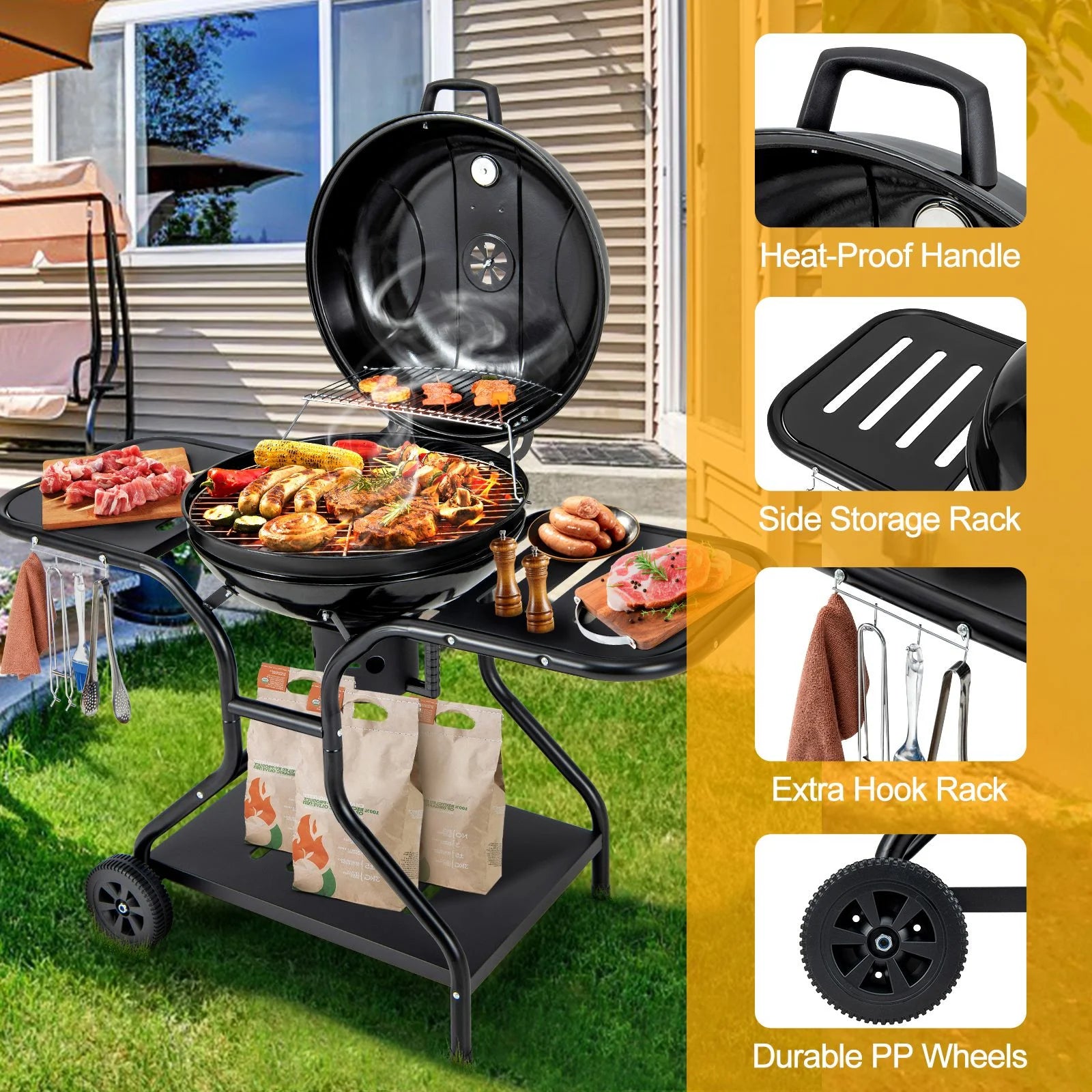 Outdoor Barbecue Charcoal Grill with High-Capacity Ash Catcher