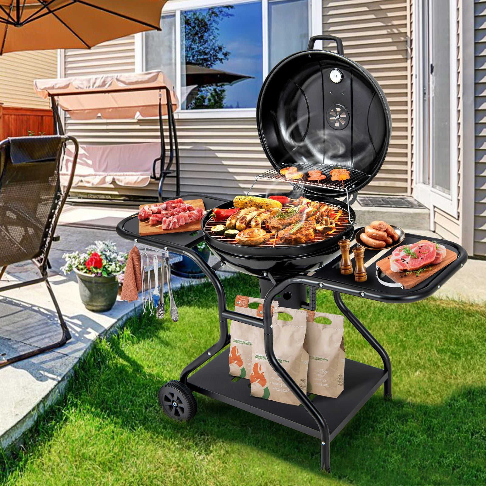 Outdoor Barbecue Charcoal Grill with High-Capacity Ash Catcher