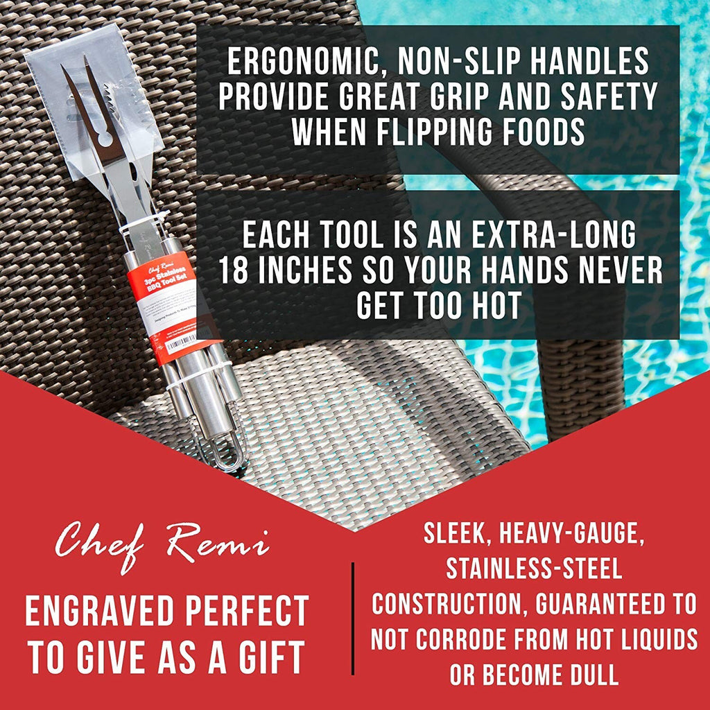 Chef Remi Barbeque Grill Tool Set - Spatula Tongs & Fork | Complete Grilling Set