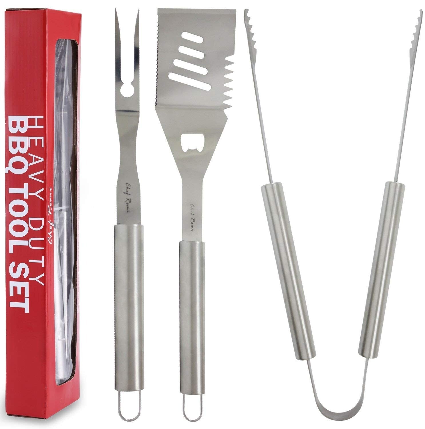 Chef Remi Barbeque Grill Tool Set - Spatula Tongs & Fork | Complete Grilling Set