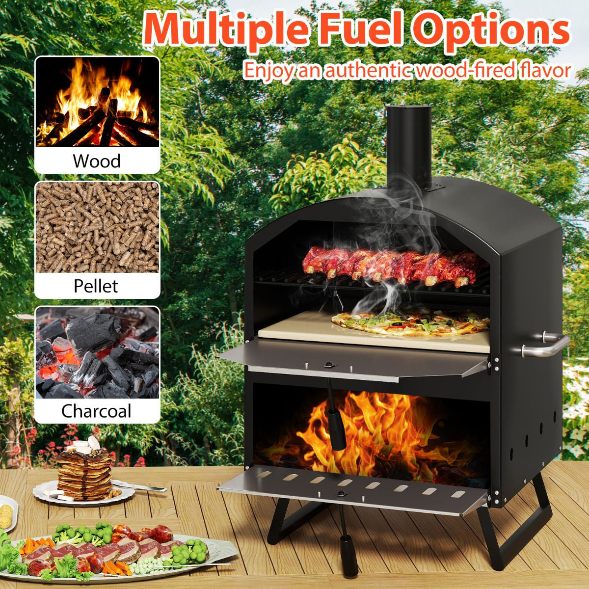 Outdoor 60Cm Wood Fired Pizza Oven with Cooking Grills and Cover