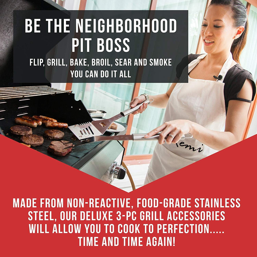 Chef Remi Barbeque Grill Tool Set - Spatula Tongs & Fork | Complete Grilling Set