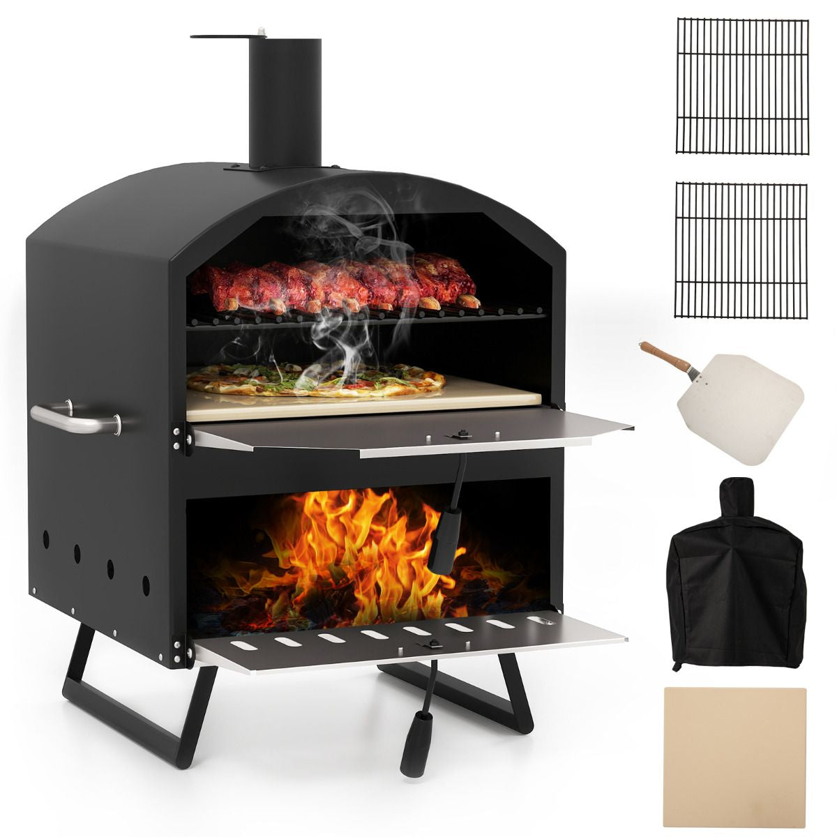 Outdoor 60Cm Wood Fired Pizza Oven with Cooking Grills and Cover