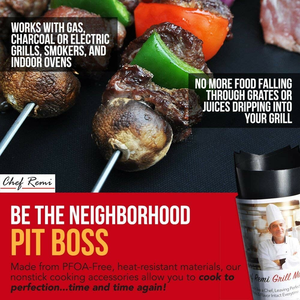 Chef Remi BBQ Grill Mats - Non-Stick Reusable Mats for Gas, Charcoal & Ovens