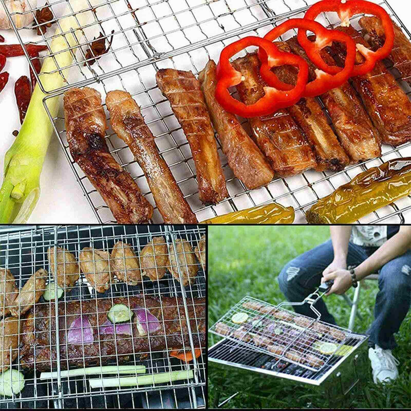 BBQ Long Handle Grill Basket Barbecue Rack Meat Burger Fish Stand Mesh Food UK