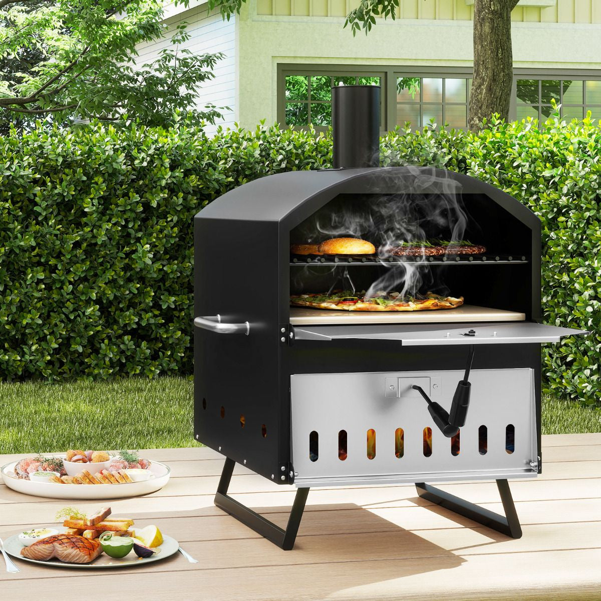 Outdoor 60Cm Wood Fired Pizza Oven with Cooking Grills and Cover