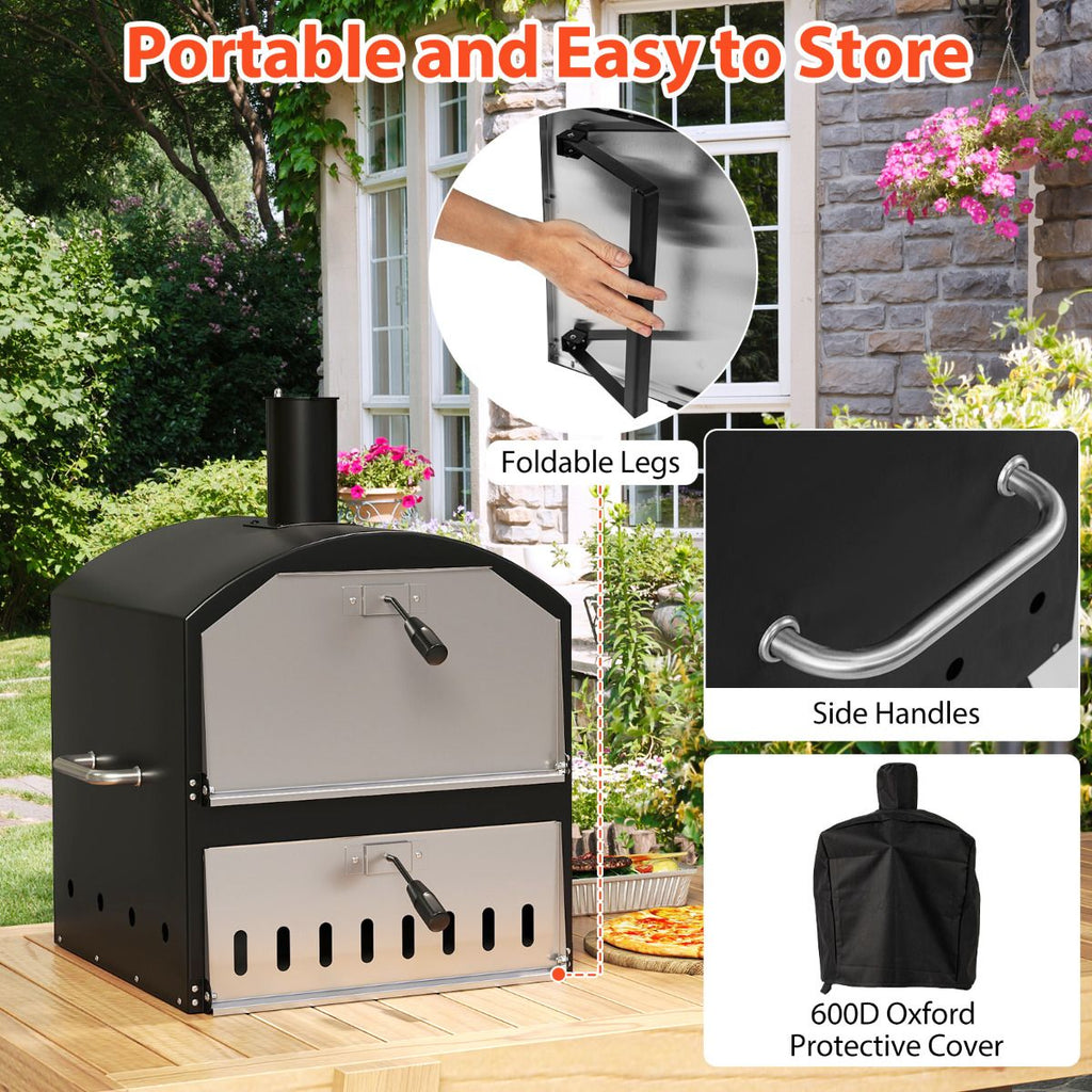 Outdoor 60Cm Wood Fired Pizza Oven with Cooking Grills and Cover